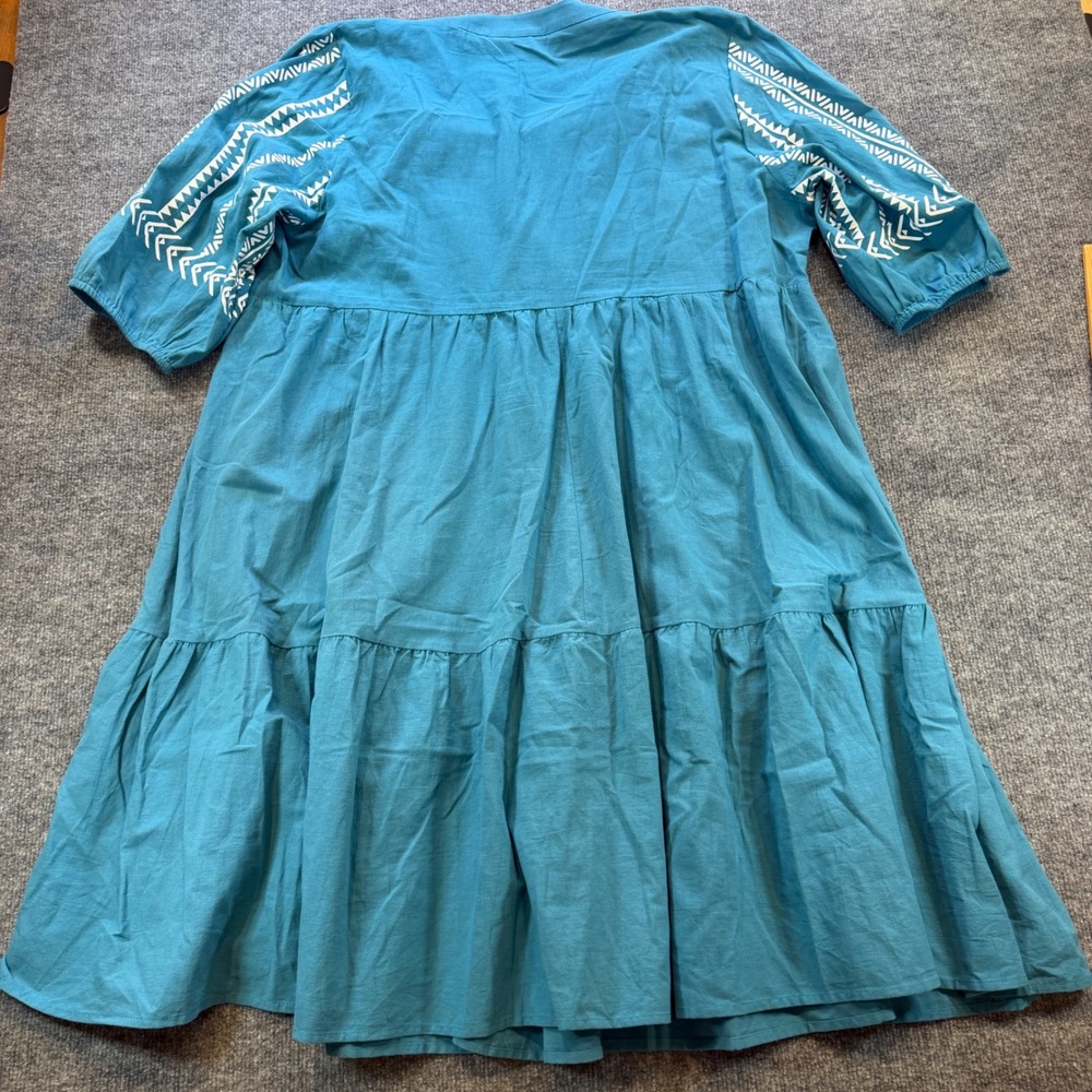 Bloomchic Teal Cotton Embroidered Boho Babydoll Tiered Dress Plus Size 18-20 - Picture 9 of 10